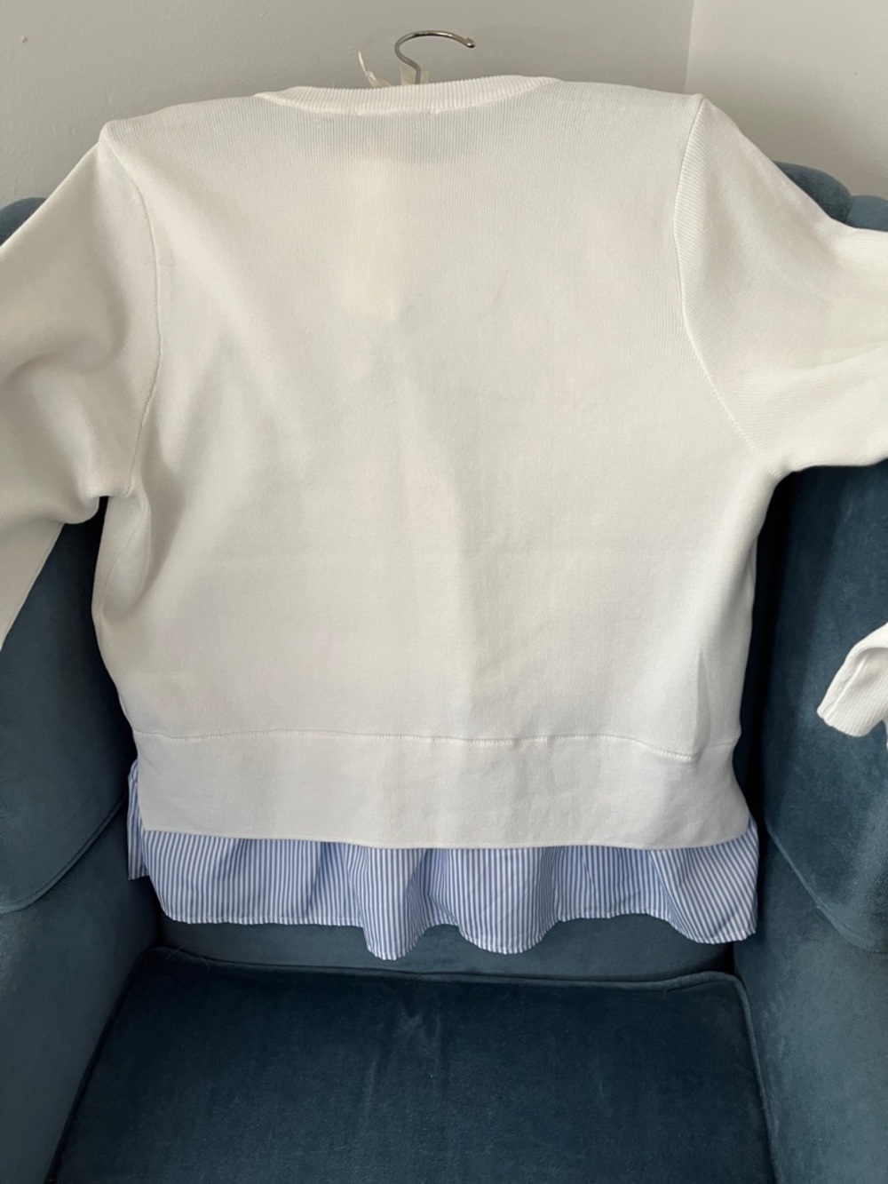 Nannette White Sweater with Blue Bow and Striped Hem - Picture 6 of 7
